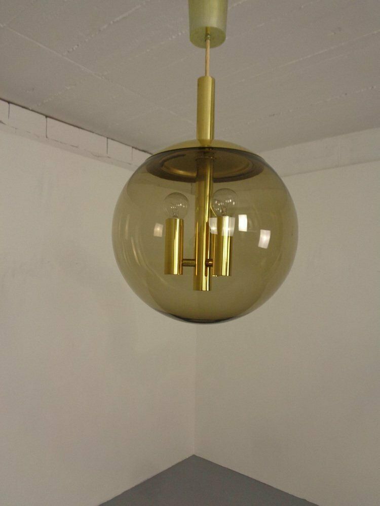 Large Smoked Glass & Brass Ceiling Lamp From Limburg, 1960s photo for sale