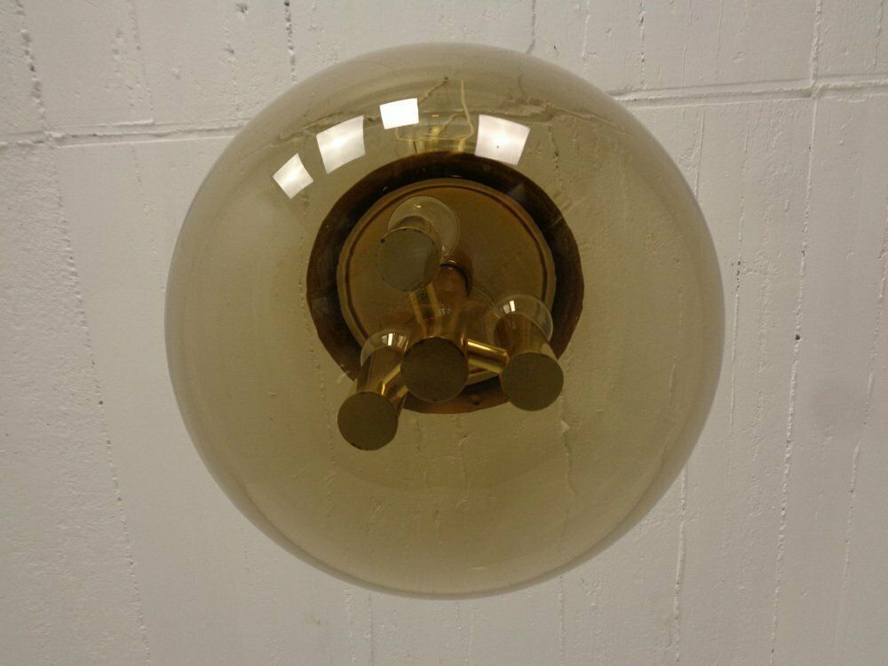 Large Smoked Glass & Brass Ceiling Lamp From Limburg, 1960s photo vinterior