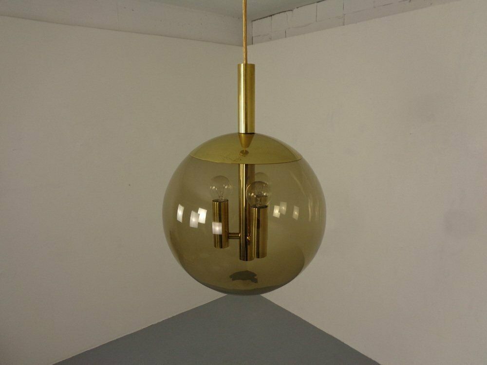 photo furniture Large Smoked Glass & Brass Ceiling Lamp From Limburg, 1960s
