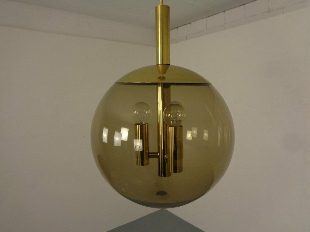 photo for sale Large Smoked Glass & Brass Ceiling Lamp From Limburg, 1960s