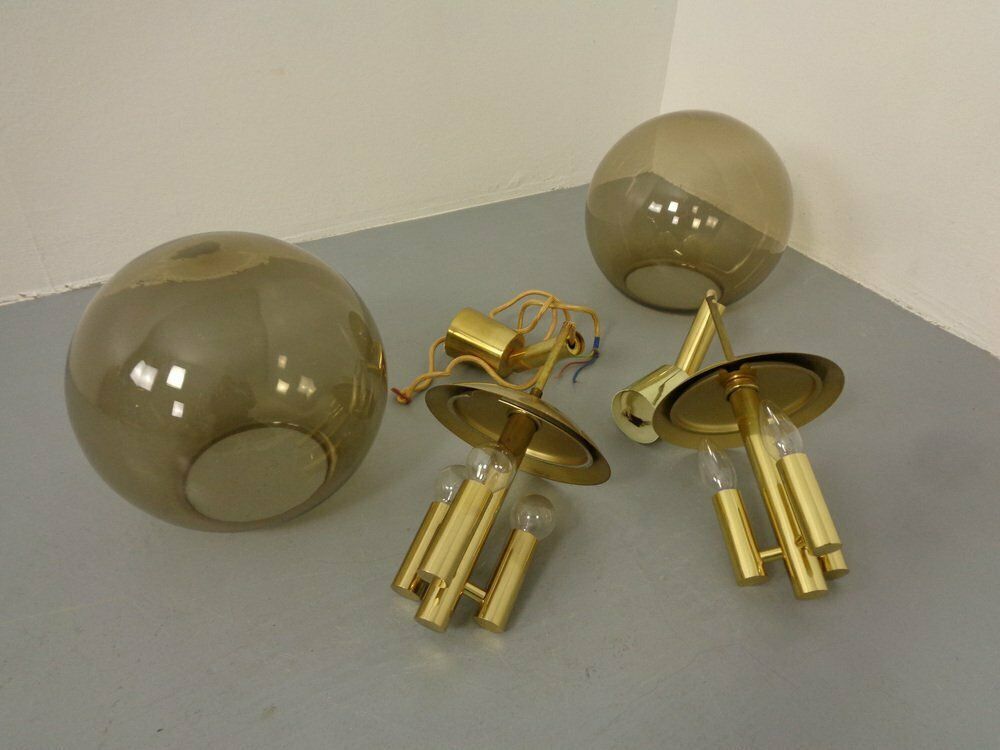 photo buy Large Smoked Glass & Brass Ceiling Lamp From Limburg, 1960s