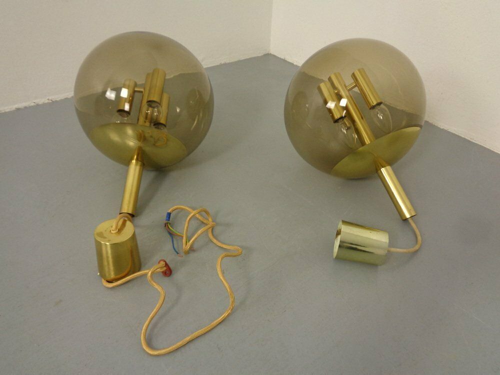 photo vintage Large Smoked Glass & Brass Ceiling Lamp From Limburg, 1960s