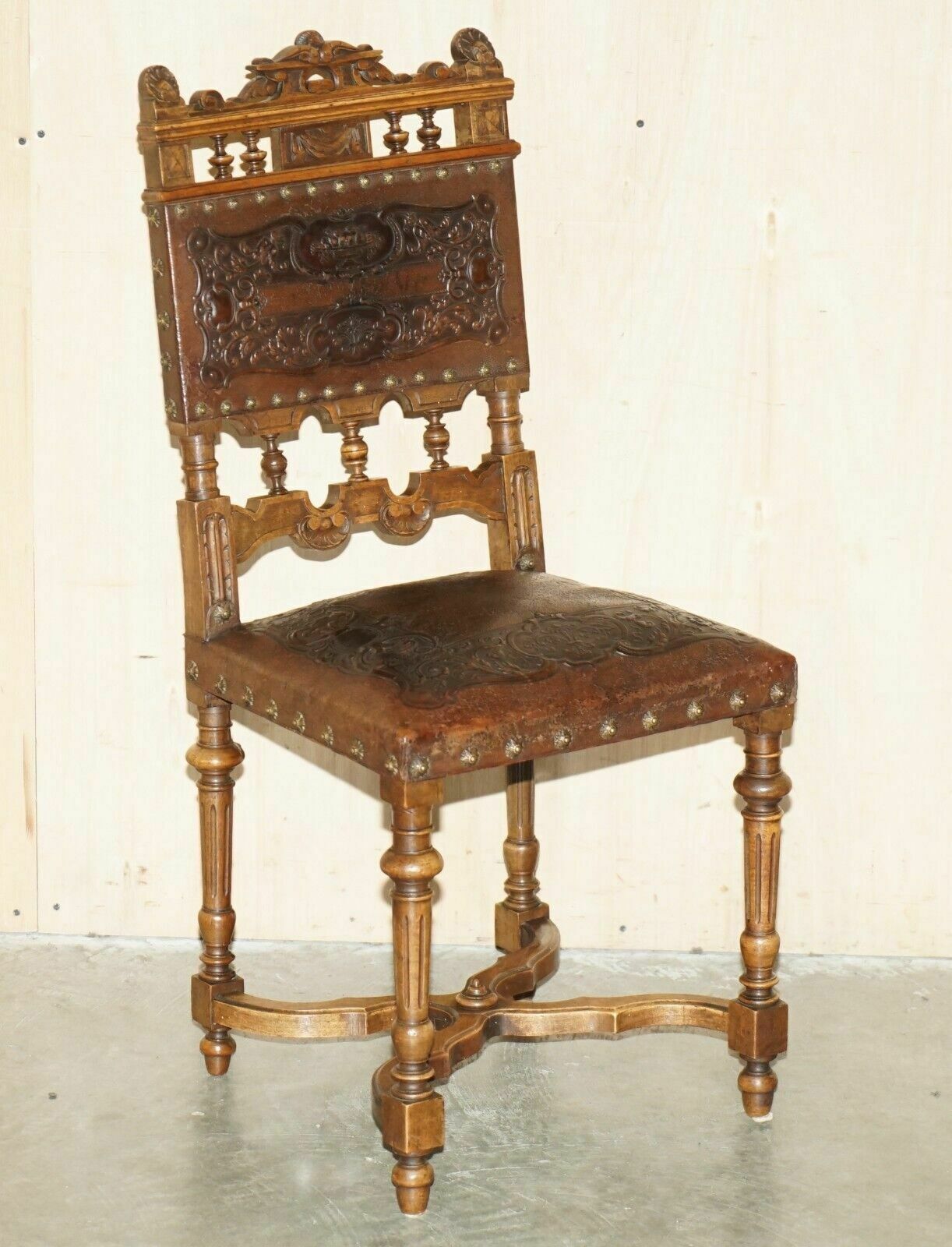 Lovely Set Of 6 Henry II Circa 1880 French Oak & Embossed Leather Dining Chairs photo furniture