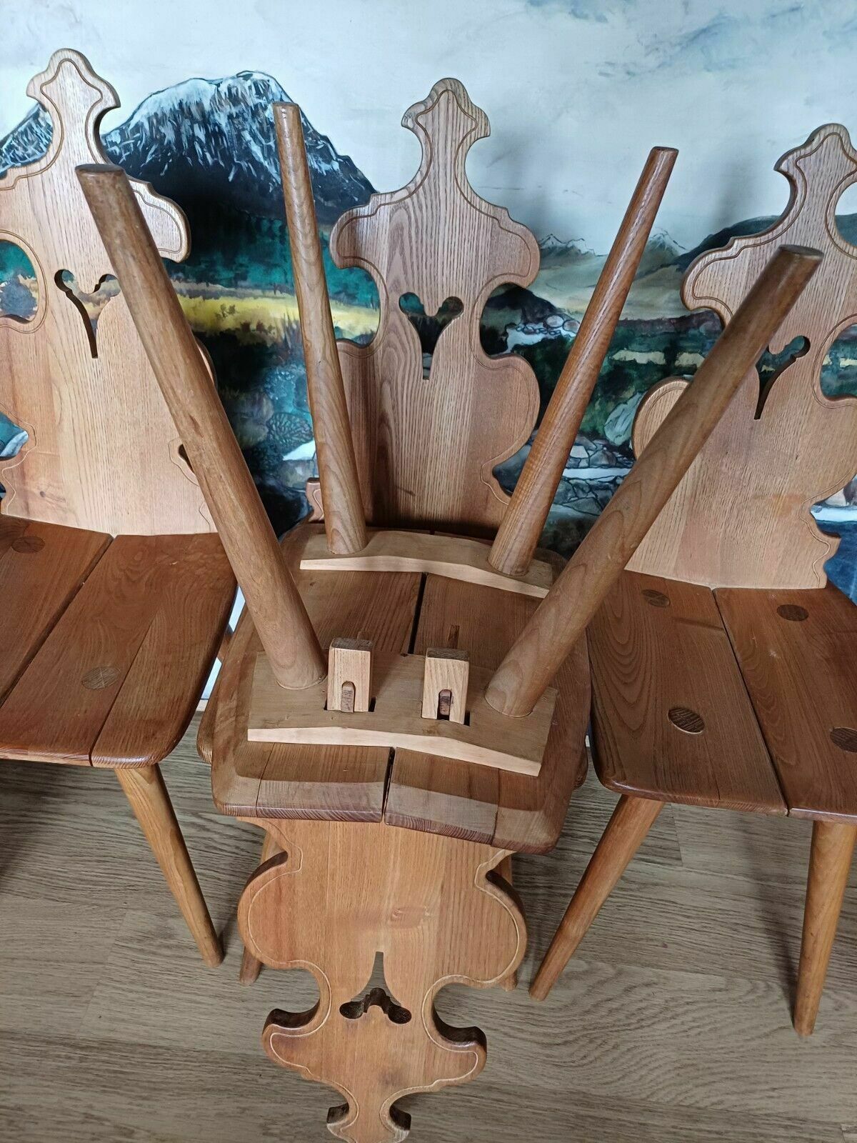 595.0 Vintage Set Six Poland Tiroler 60s Elm Mountain Chairs By Cepelia photo