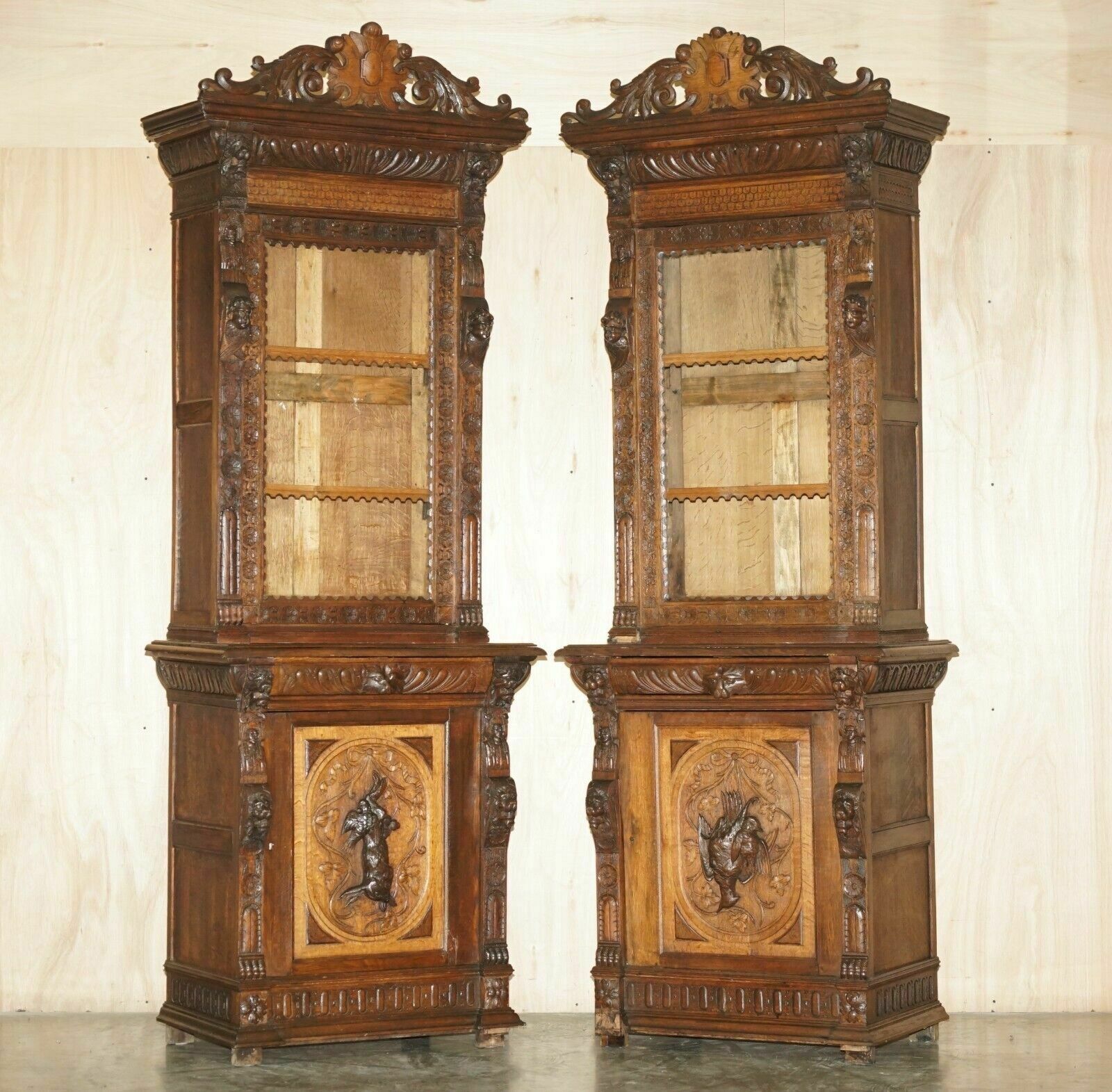 Pair Of Antique Victorian 1880 Continental Jacobean Gothic Revival Bookcases