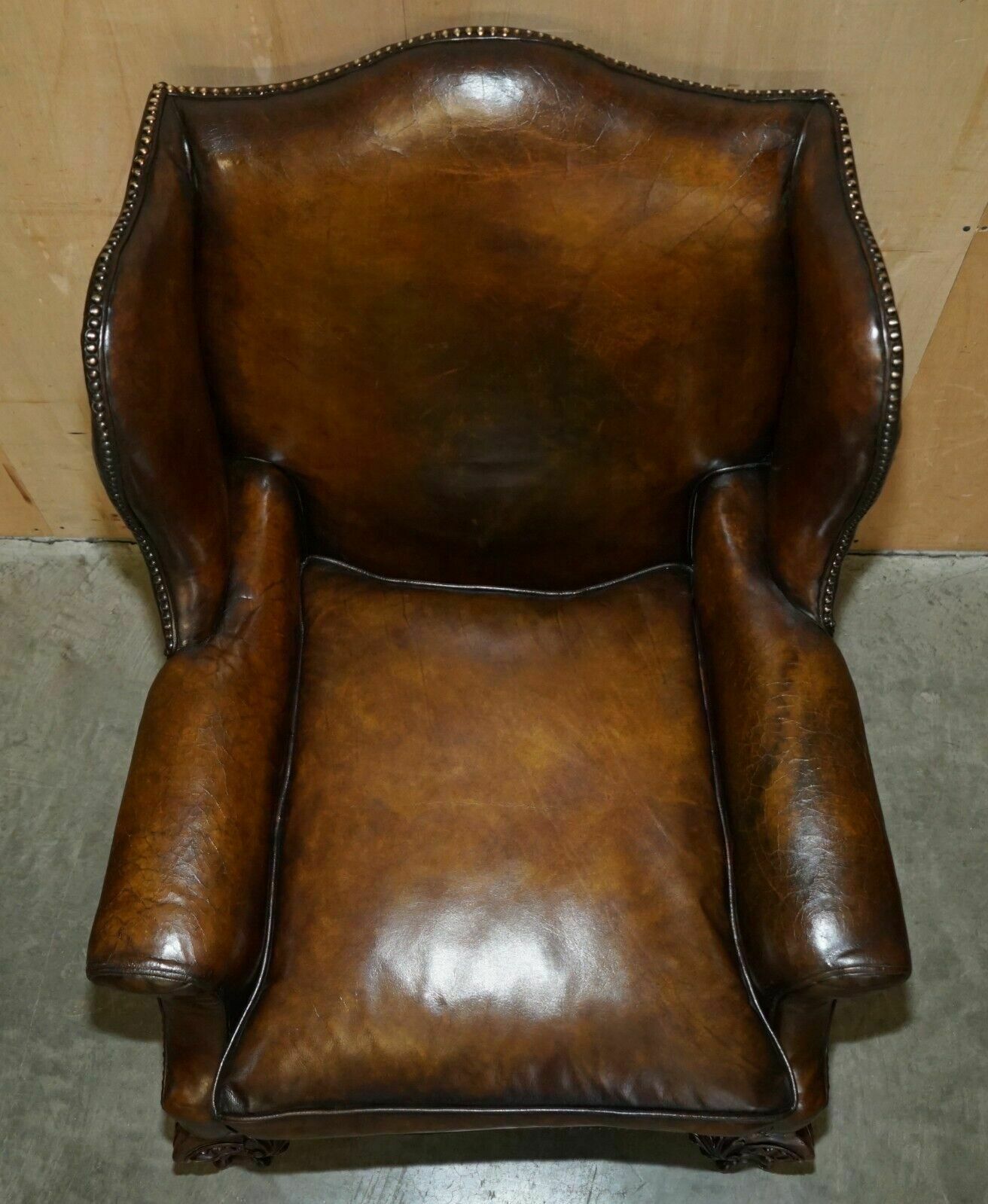 Important Restored George II Period Circa 1760 Wingback Brown Leather Armchair photo vinterior
