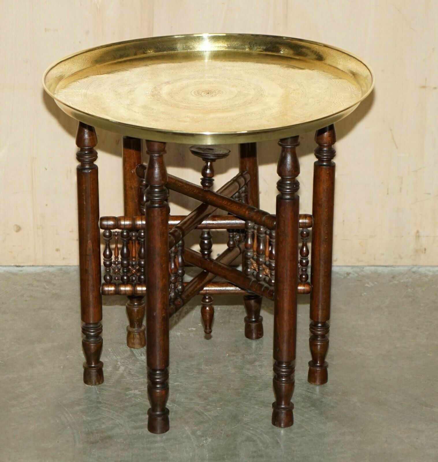 Antique Polished Carved Liberty's London Moroccan Folding Tray Table Etchings photo furniture