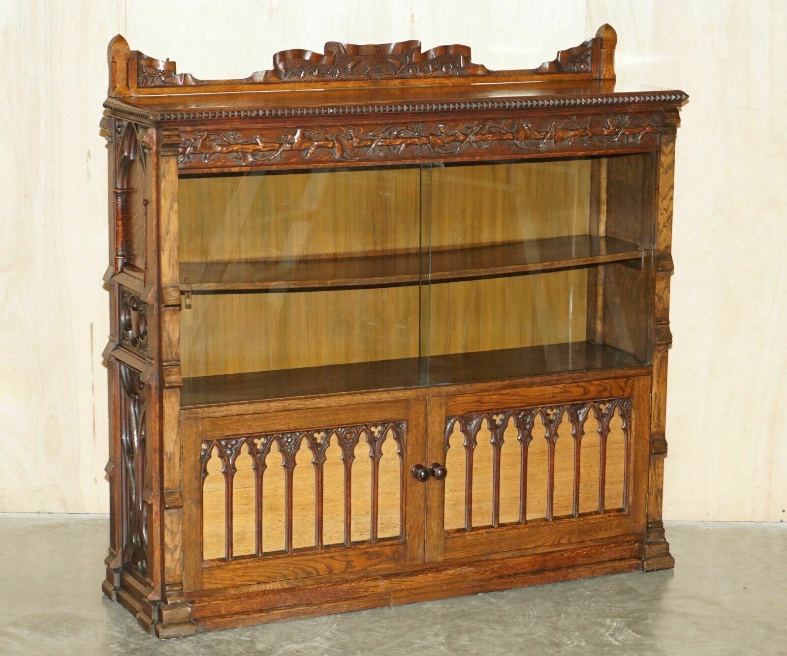 Exquisite & Important Ornately Hand Carved Gothic Revival Pugin Style Bookcase