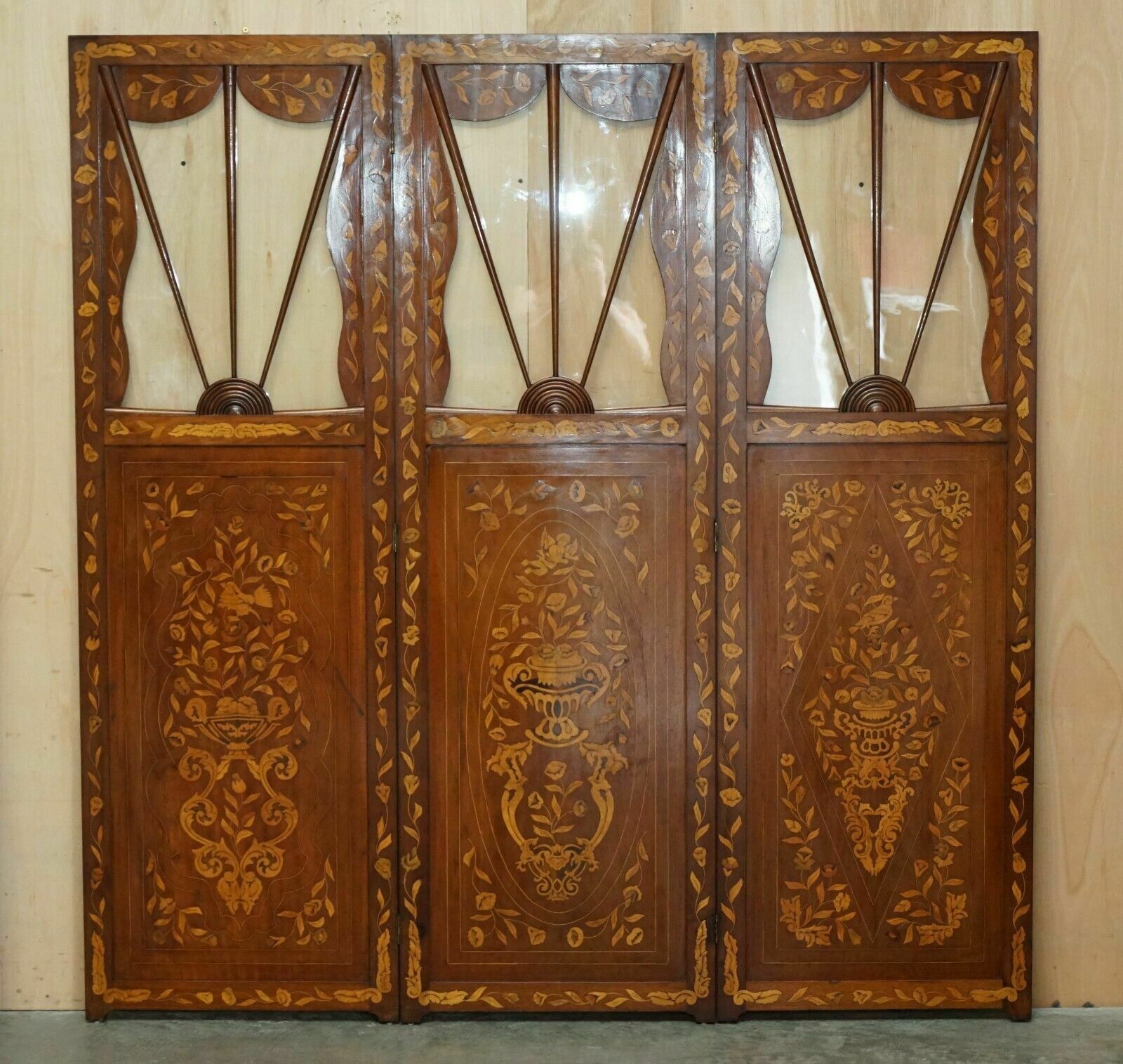 Pair Of Finest Quality Dutch Mahogany & Walnut Three Fold Screens Room Dividers photo for sale