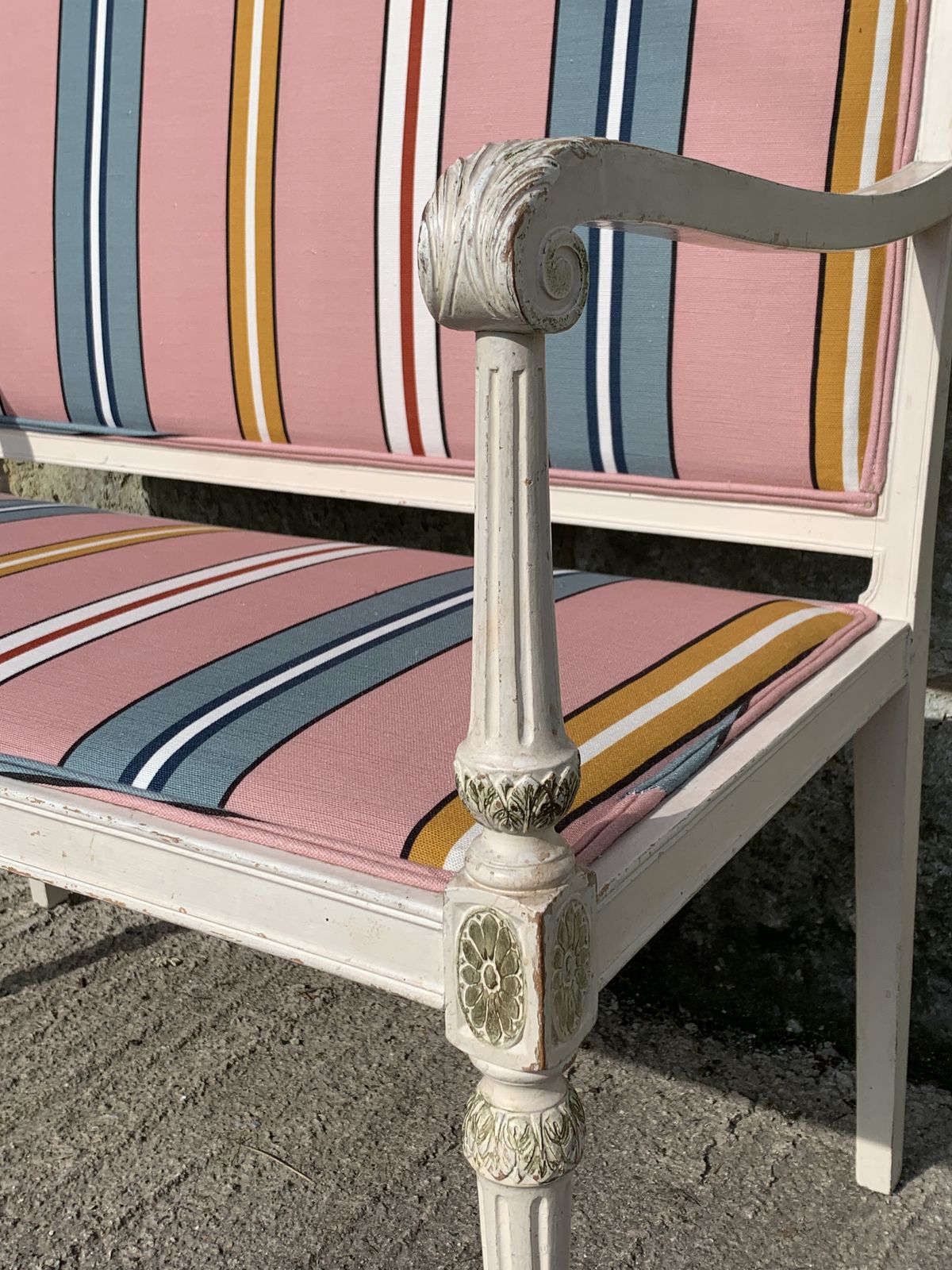 Antique French Settee Little Sofa Neo Classical Style With Striped Pink Ottoline Fabric photo Furniture