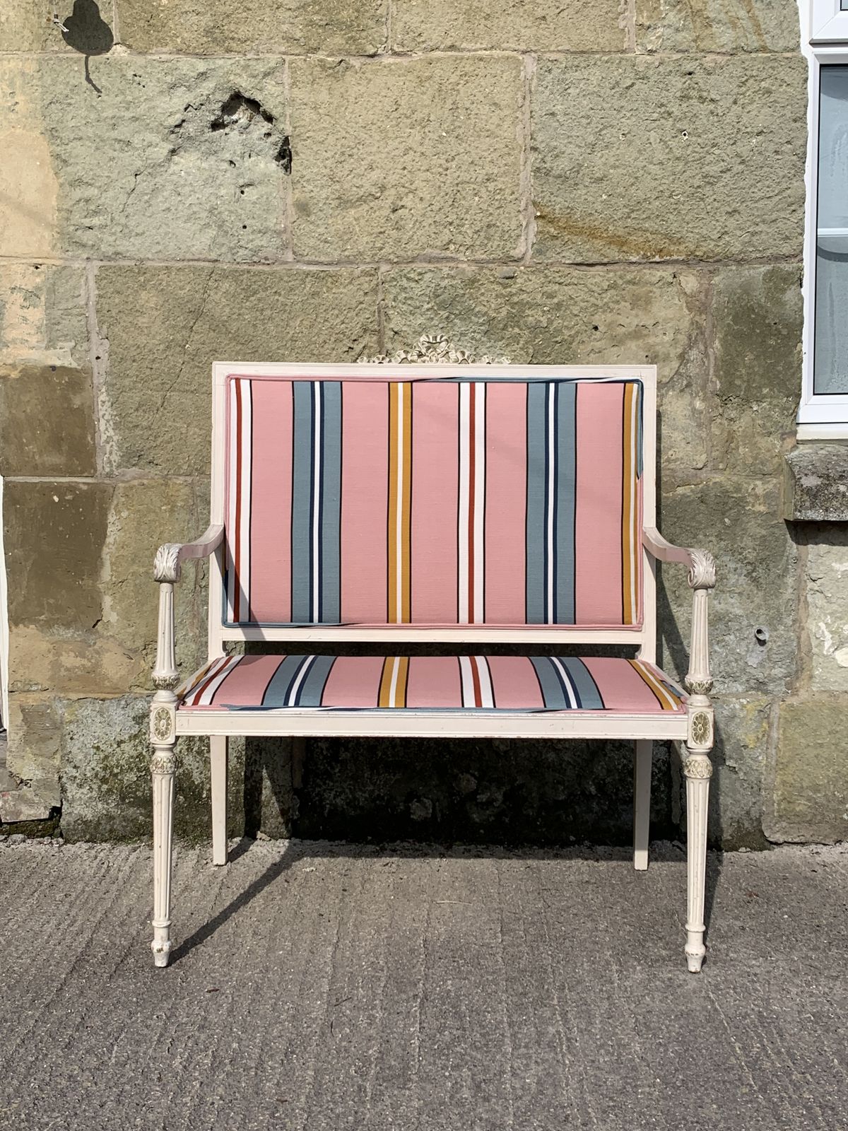 Antique French Settee Little Sofa Neo Classical Style With Striped Pink Ottoline Fabric photo for sale