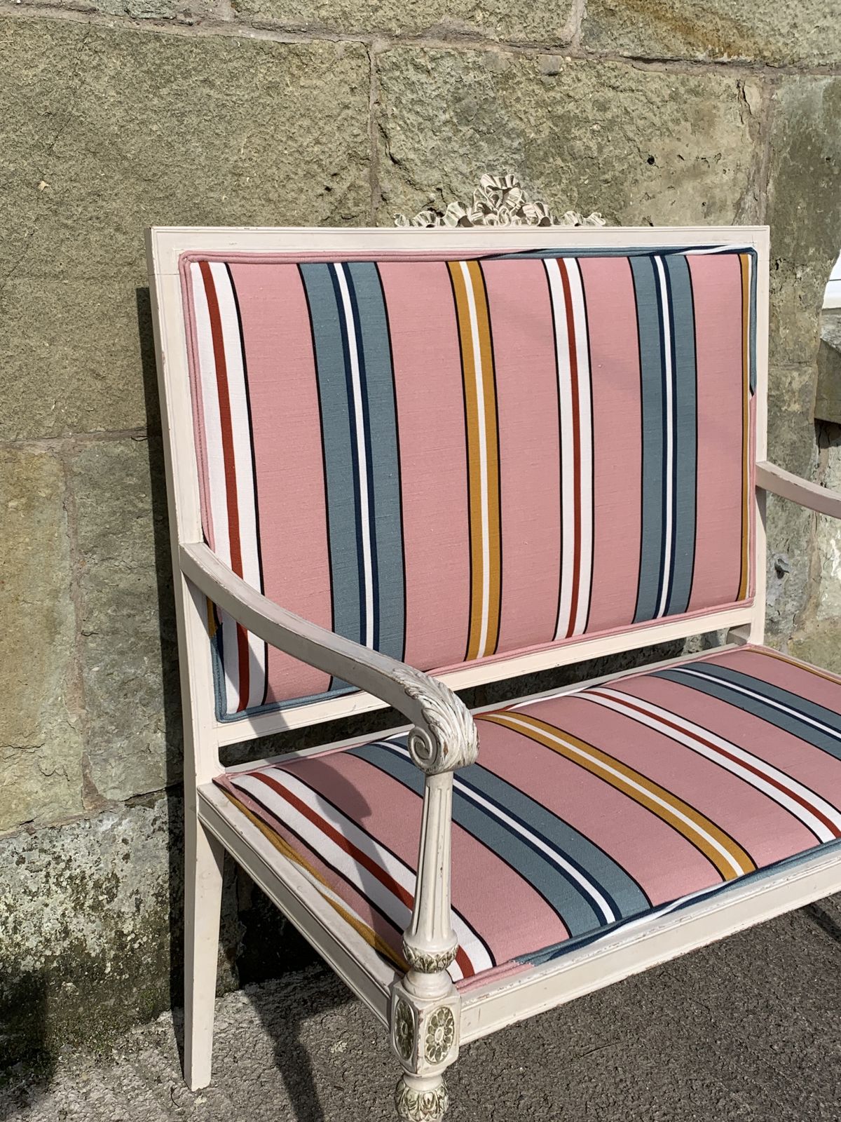 Antique French Settee Little Sofa Neo Classical Style With Striped Pink Ottoline Fabric photo buy