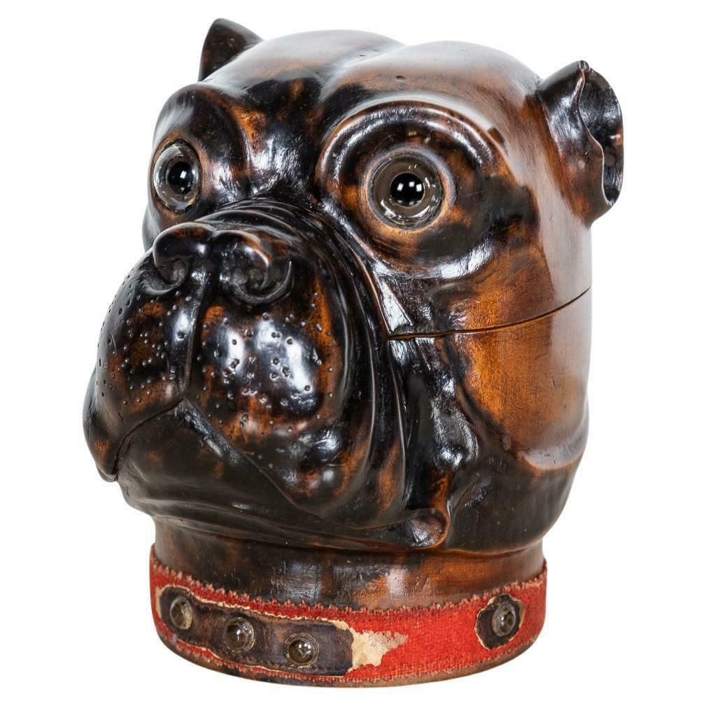 Antique 20thc Lignum Vitae Bulldog Inkwell Jar C.1910