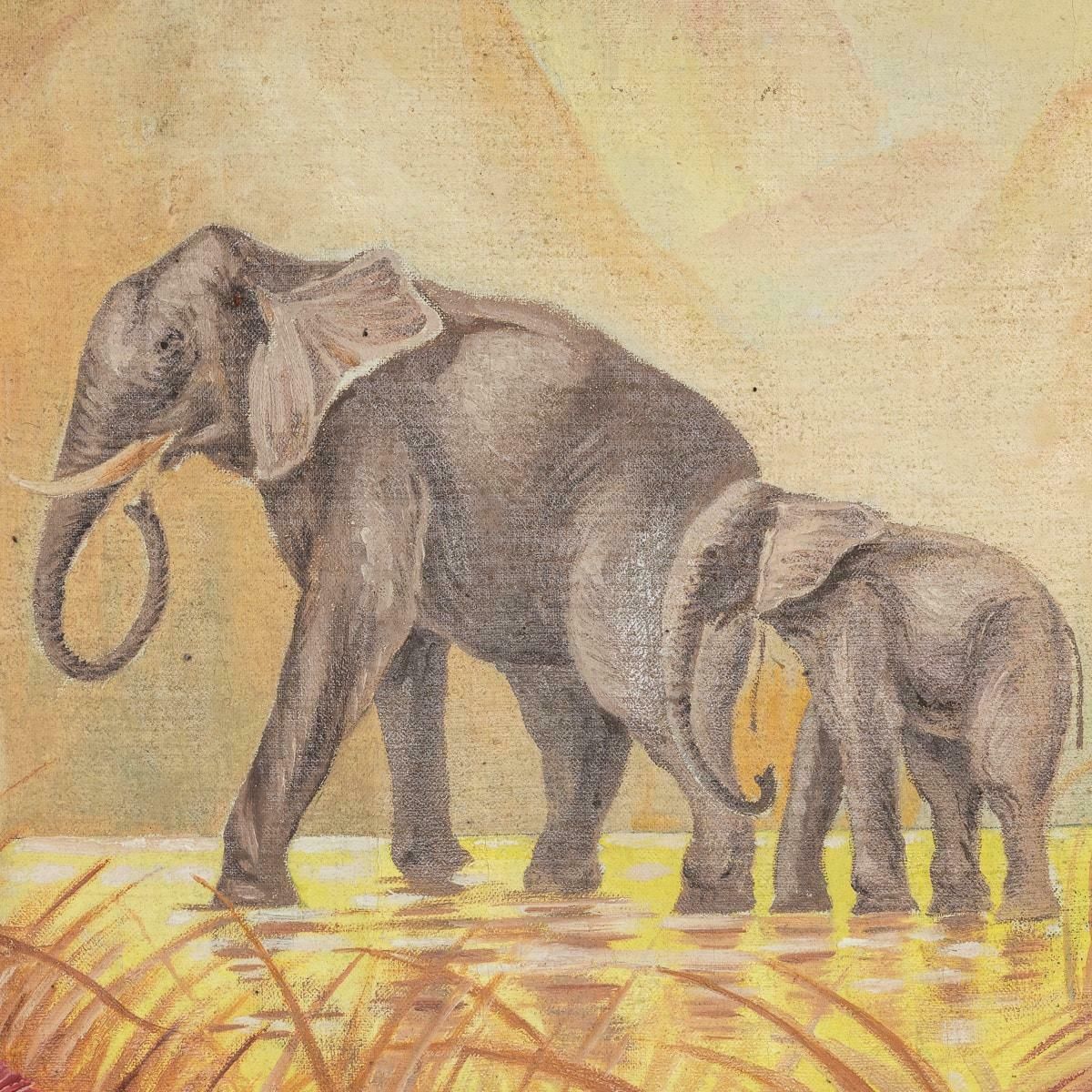 Vintage 20th Century Framed Oil On Canvas Elephant Family Painting C.1960 photo buy