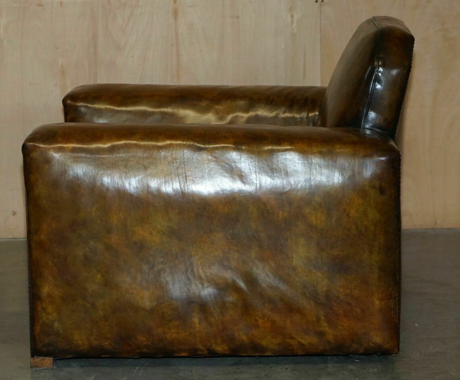 3750.0 Fully Restored Antique Art Deco Brown Leather Walnut Framed Club Odeon Armchair photo