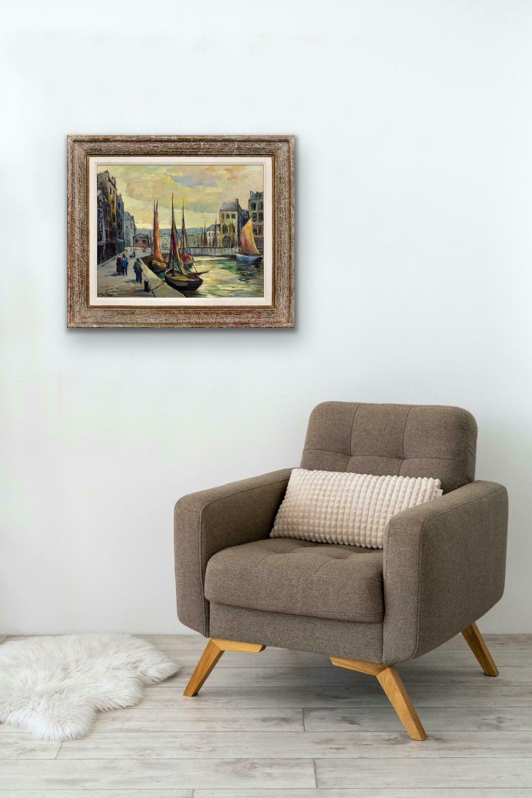 photo furniture Fred Pailhes 1902 To 1991. Promenade Le Havre Harbour. France 1950s Normandy. French Mid 20th Century Montparnasse Framed Oil Painting.