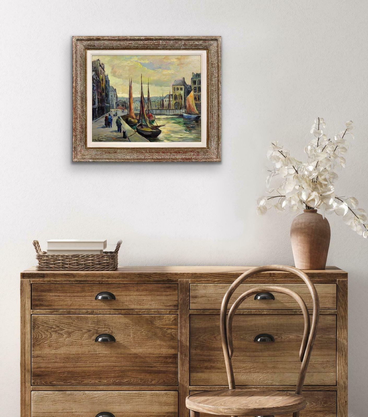 1895.0 Fred Pailhes 1902 To 1991. Promenade Le Havre Harbour. France 1950s Normandy. French Mid 20th Century Montparnasse Framed Oil Painting. photo