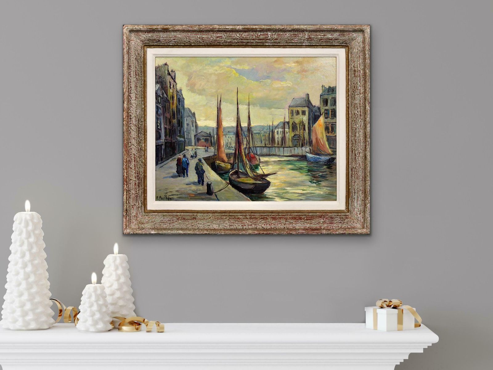 photo vintage Fred Pailhes 1902 To 1991. Promenade Le Havre Harbour. France 1950s Normandy. French Mid 20th Century Montparnasse Framed Oil Painting.