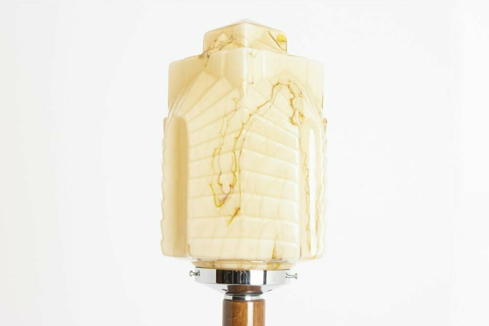 Art Deco Table Floor Lamp With Original Marbled Carmel Chrysler Building Style Skyscraper Shade C.1930 photo for sale