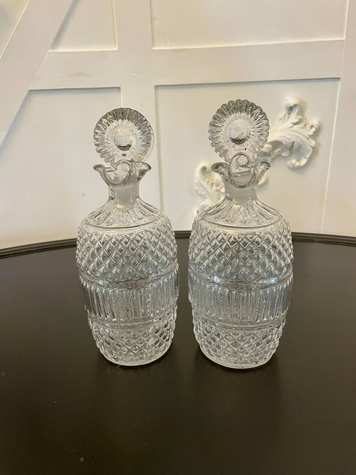 Unusual Pair Of Irish Antique Quality Cut Glass Decanters