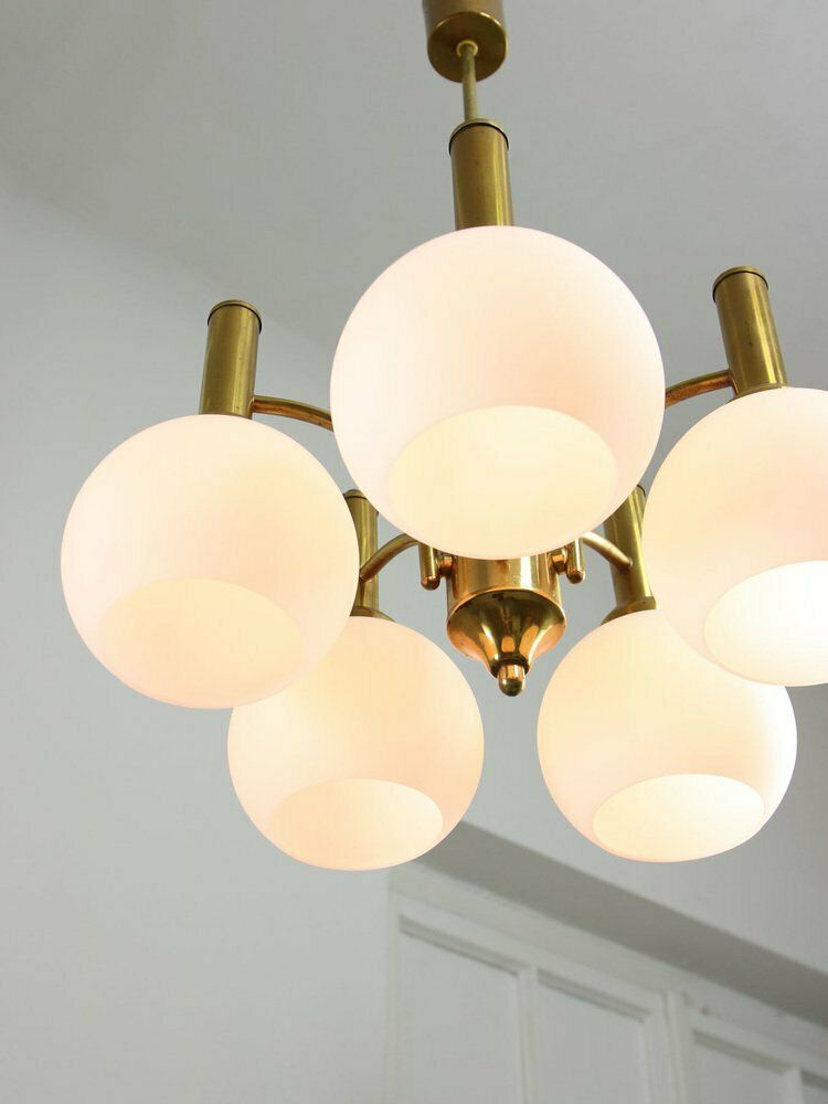 Mid Century Italian Brass And Opaline Chandelier photo Lighting