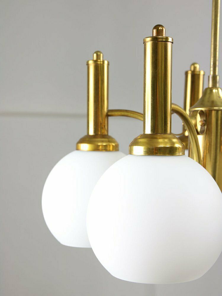 Lighting Mid Century Italian Brass And Opaline Chandelier photo
