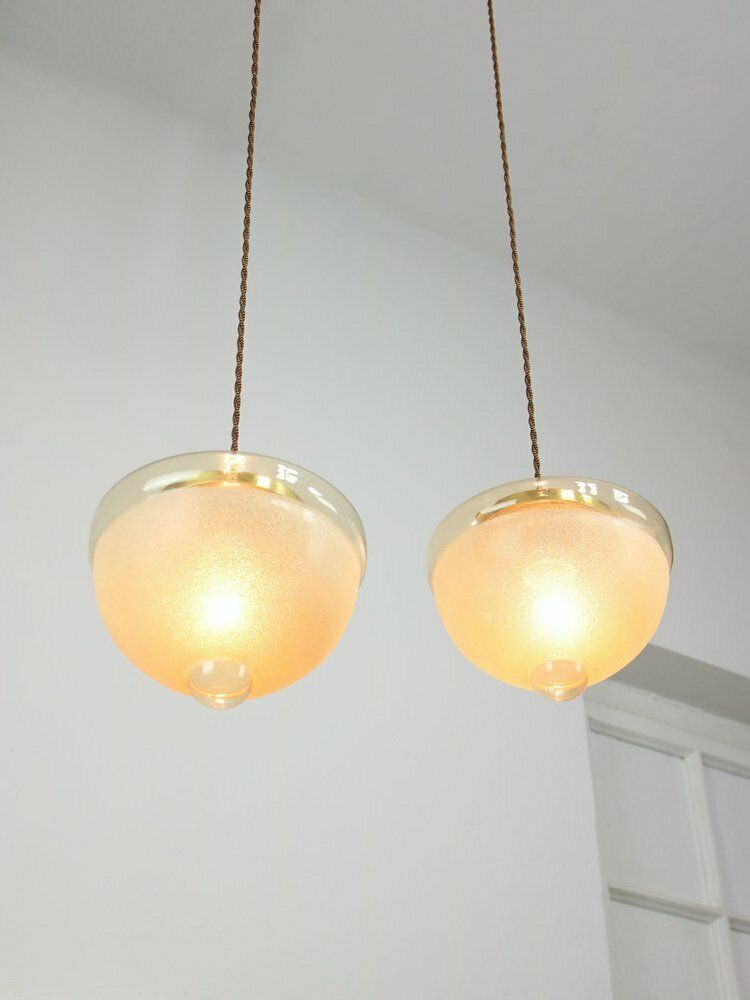 Mid Century Italian Brass And Glass Pendant Lamps, Set Of 2 photo furniture