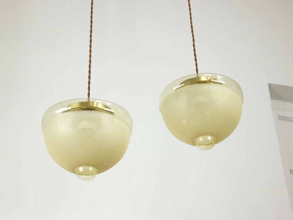 photo furniture Mid Century Italian Brass And Glass Pendant Lamps, Set Of 2