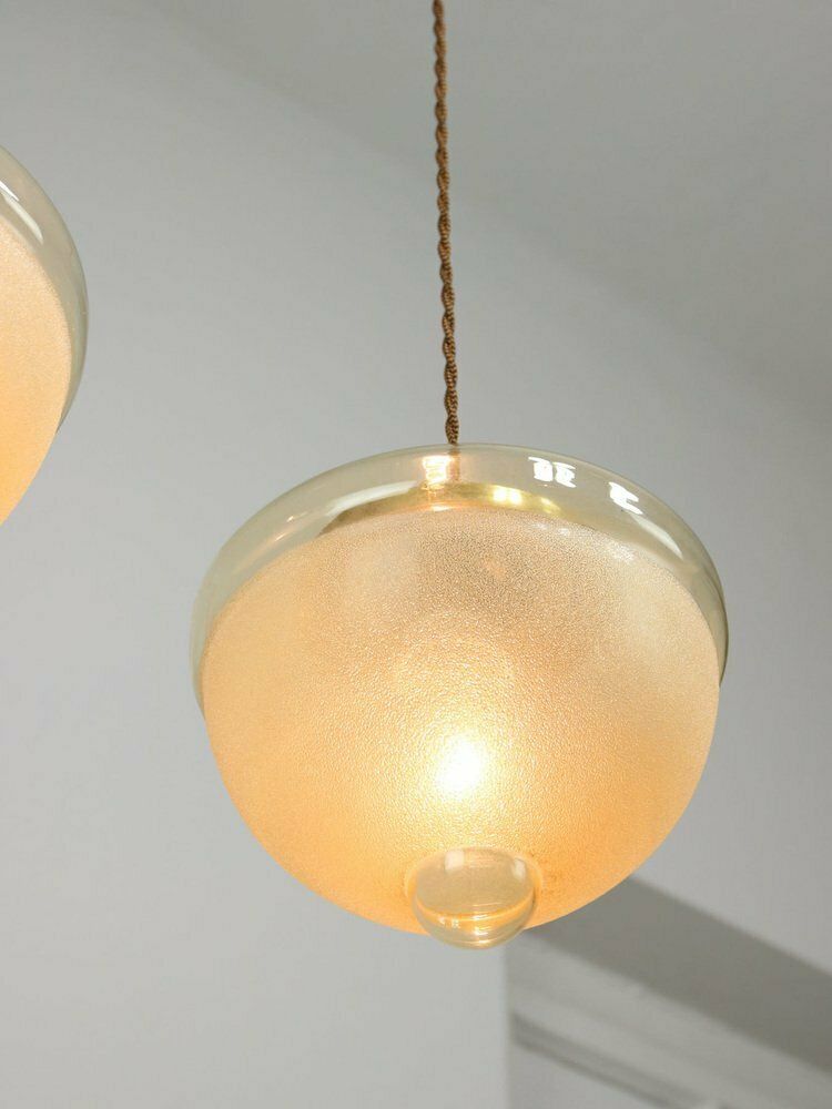 photo for sale Mid Century Italian Brass And Glass Pendant Lamps, Set Of 2