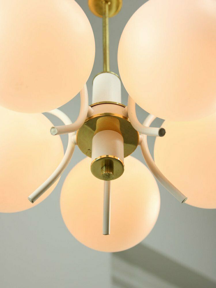 photo furniture Mid Century Italian Modern Brass And Opaline Chandelier