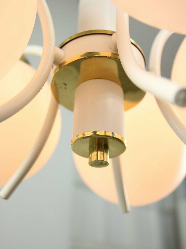 photo for sale Mid Century Italian Modern Brass And Opaline Chandelier