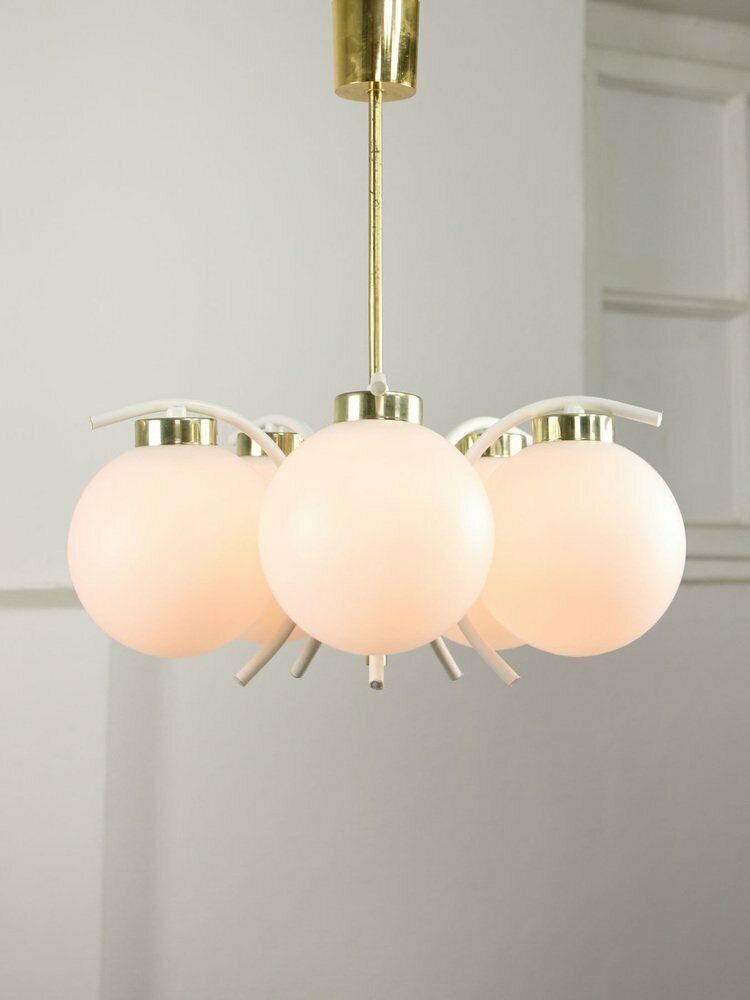 Lighting Mid Century Italian Modern Brass And Opaline Chandelier photo