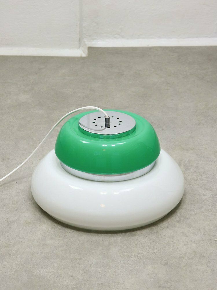 Lighting Italian Space Age Ceiling Lamp In Green In White & Green Acrylic Glass And Chrome, 1970s photo