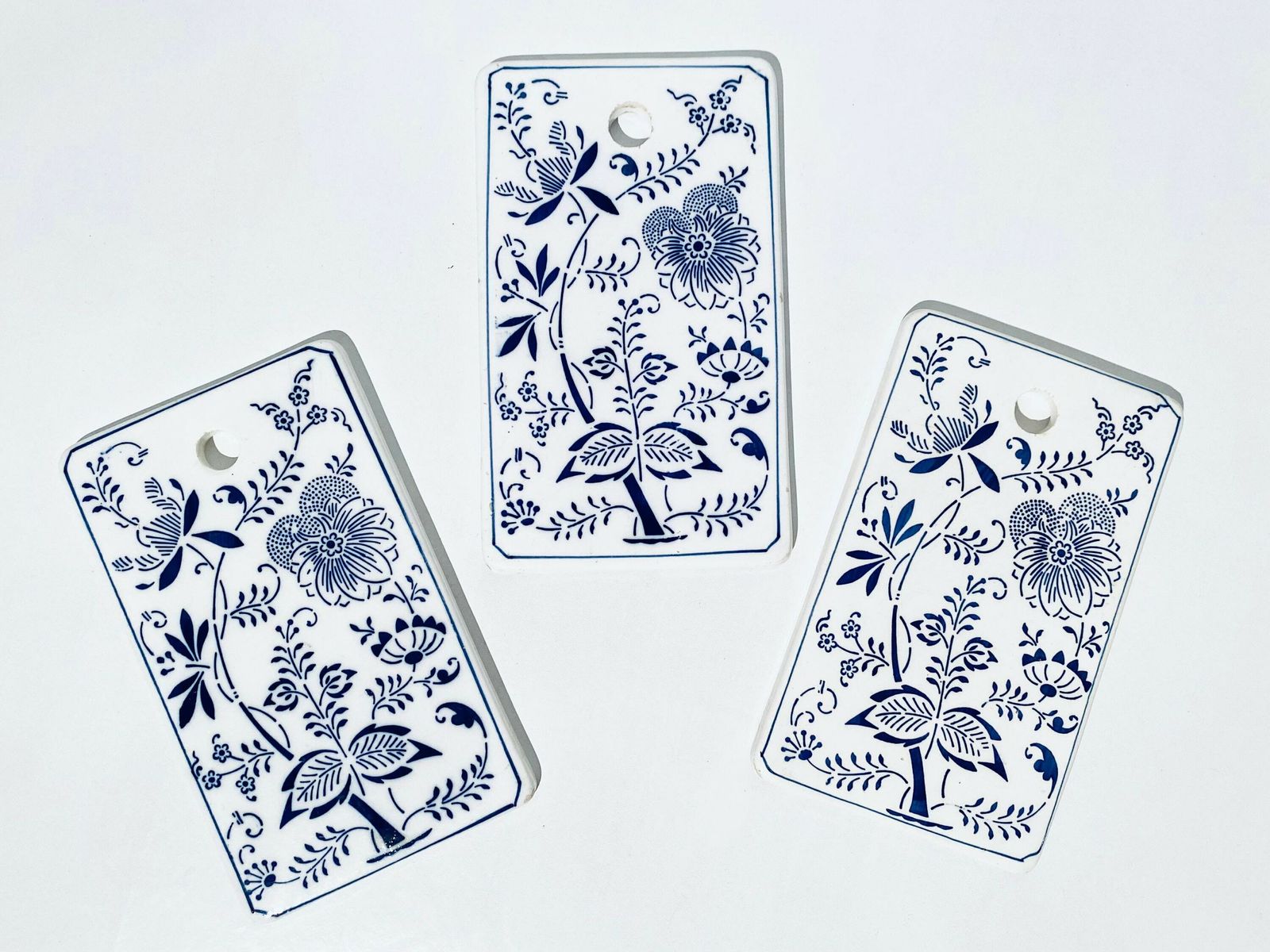 Three Merazzi White & Blue Ceramic Pot Set Tiles With Onion Motif / Vintage Decor
