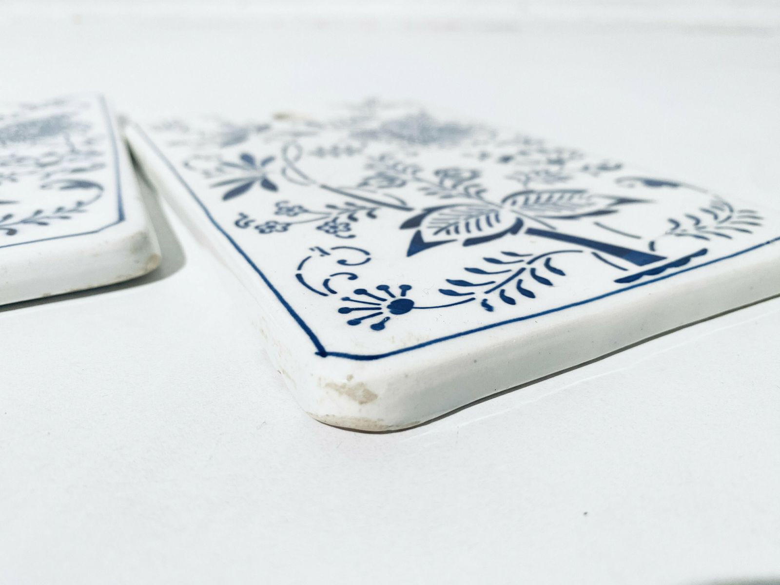 Three Merazzi White & Blue Ceramic Pot Set Tiles With Onion Motif / Vintage Decor photo buy
