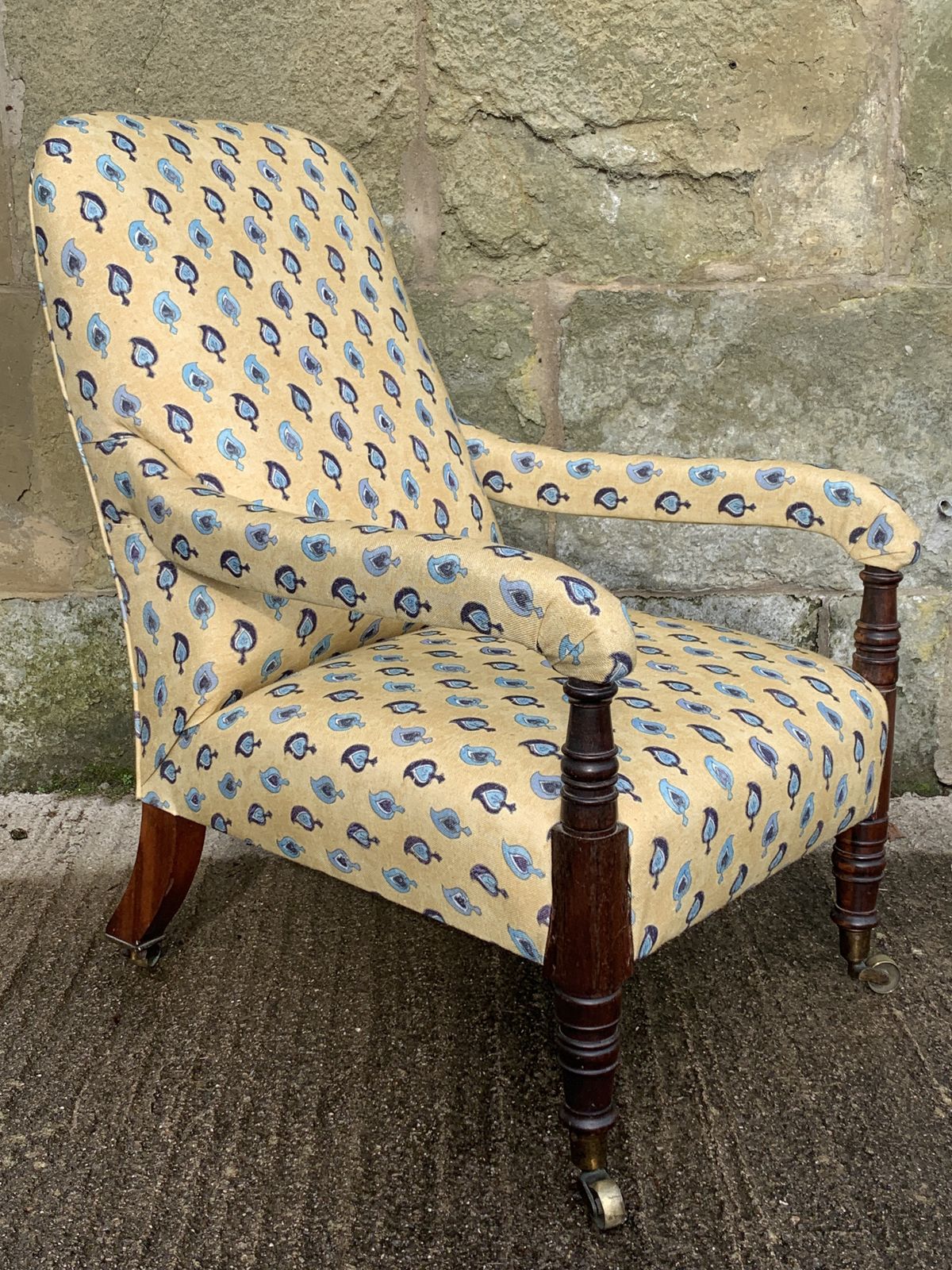 Antique Statement Open Armchair In A Floral Yellow Robert Kime Fabric photo for sale