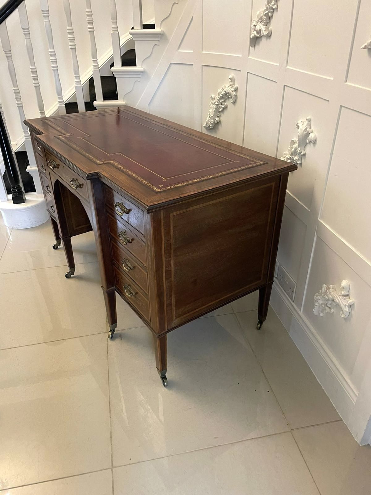 Outstanding Quality Antique 19th Century Mahogany Inlaid Kneehole Desk By Edwards And Roberts photo vintage