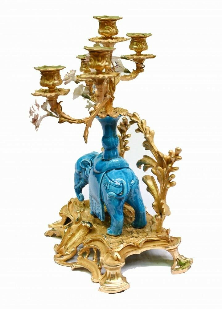 Home Decor Pair Regency Porcelain Elephant Candelabras Gilt 1880 photo