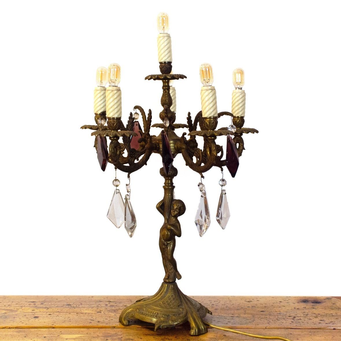 Vintage Bronze Candelabra Lamp With Purple Crystals, 1930s photo for sale