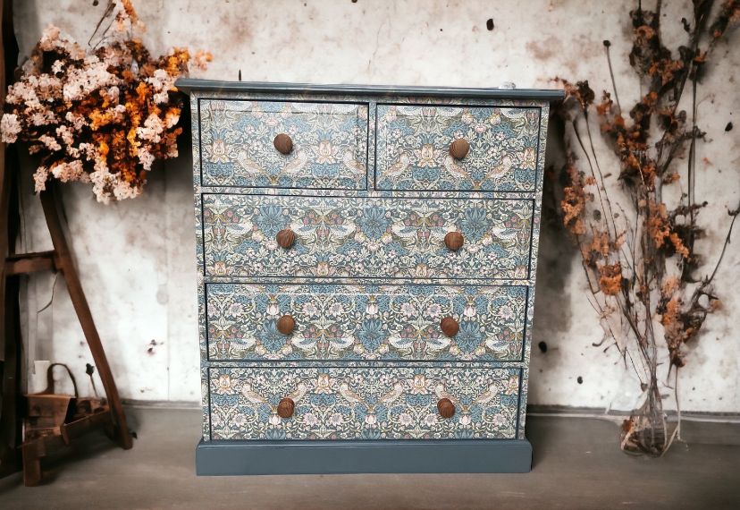 Upcycled Pine Chest Of Drawers, William Morris Print , Living Room, Dining Room, Hall , Kitchen Storage.