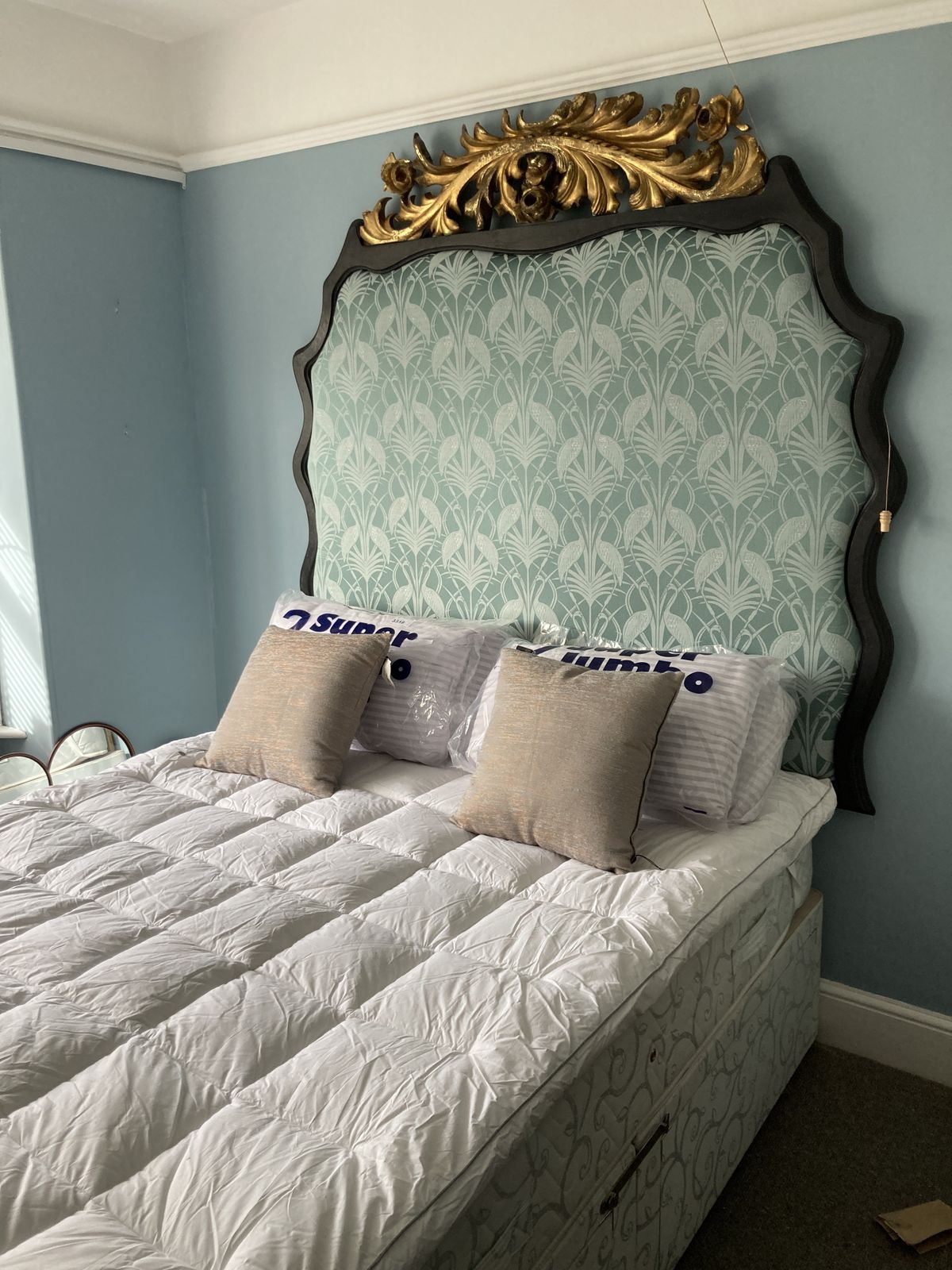 Beautiful Re  Upholstered Giltwood Italian 5ft Headboard photo for sale