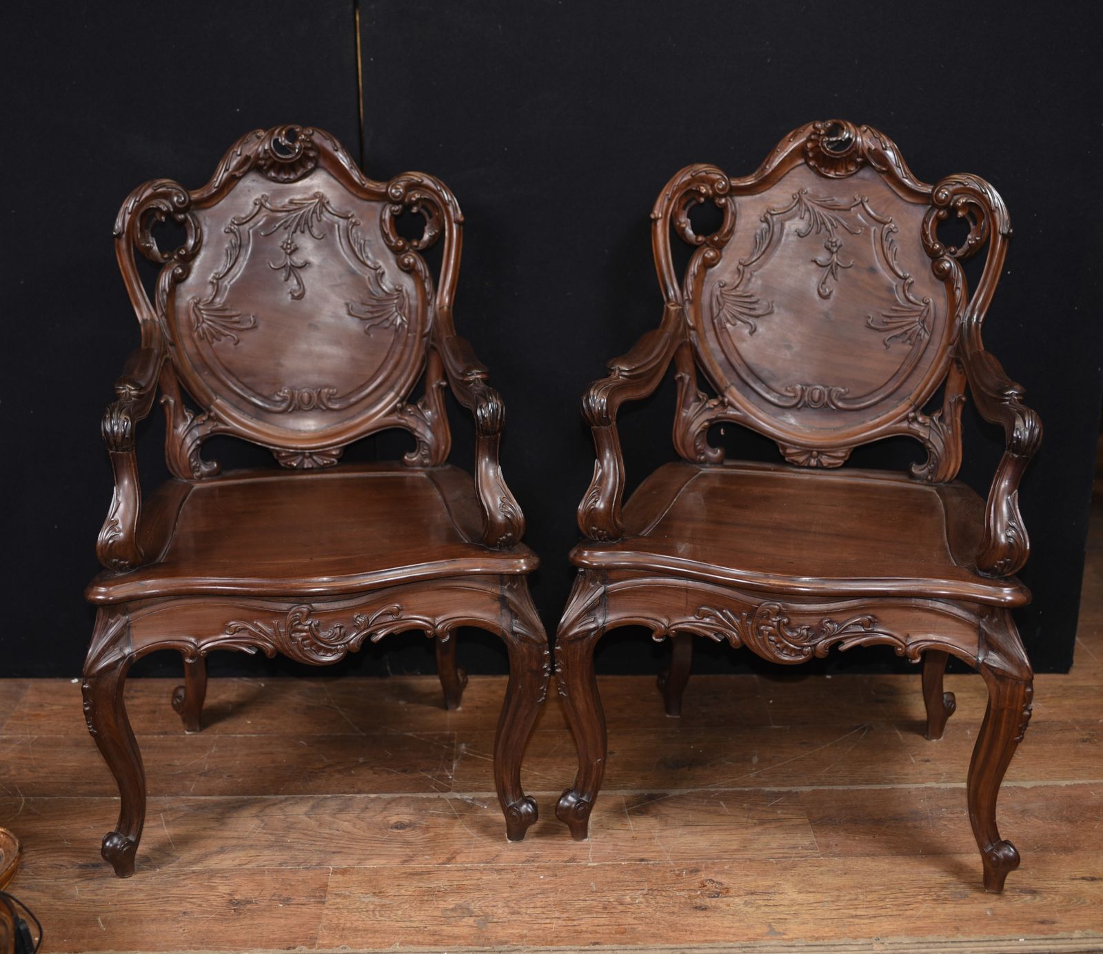 Pair Art Nouveau French Hard Wood Arm Chairs