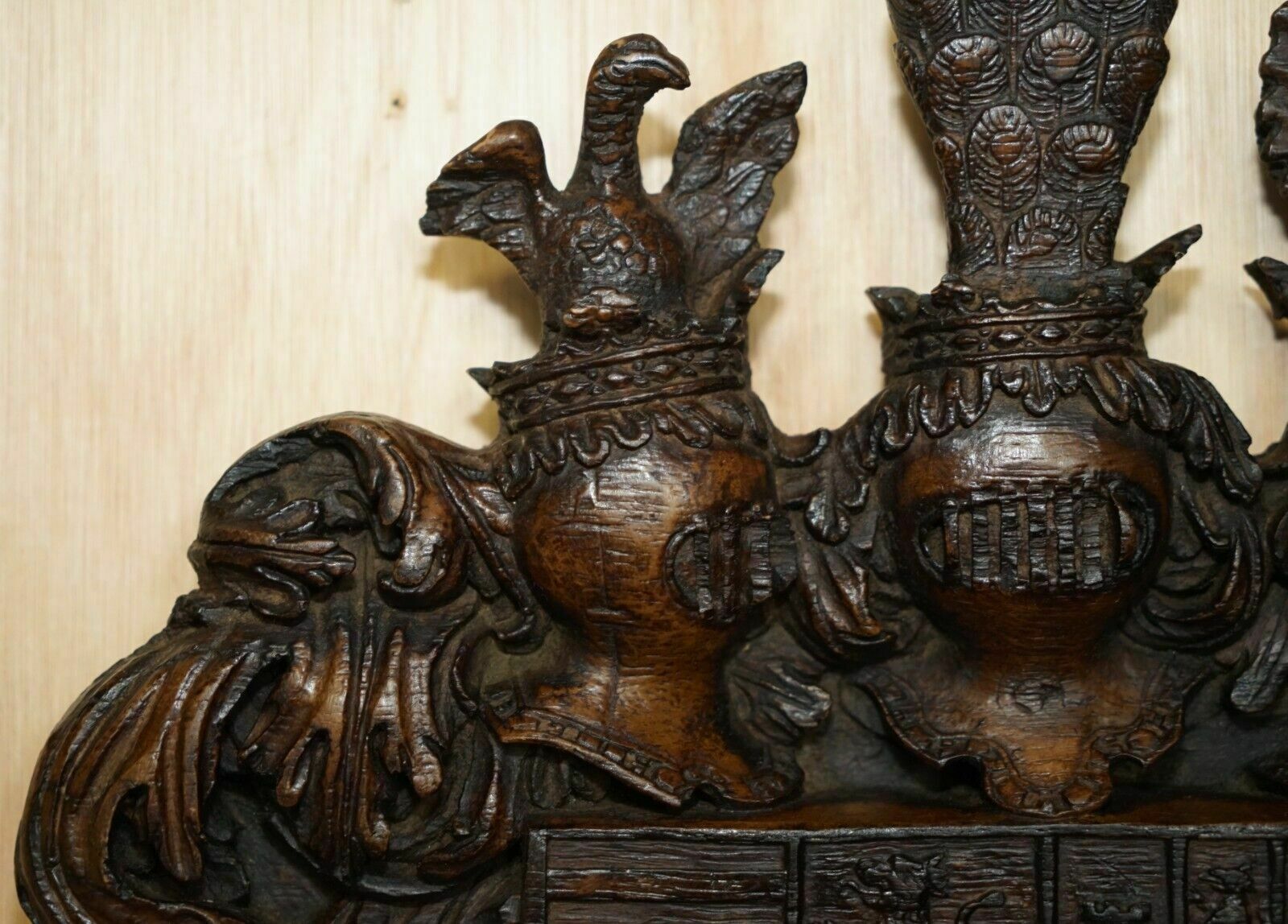 Antique Royal Hand Carved English Oak Armorial Coat Of Arms Crowns Eagles photo Art