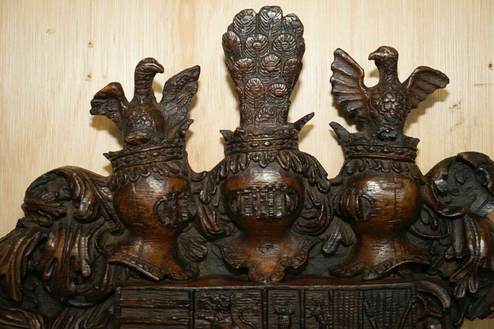 Antique Royal Hand Carved English Oak Armorial Coat Of Arms Crowns Eagles photo 2950.0
