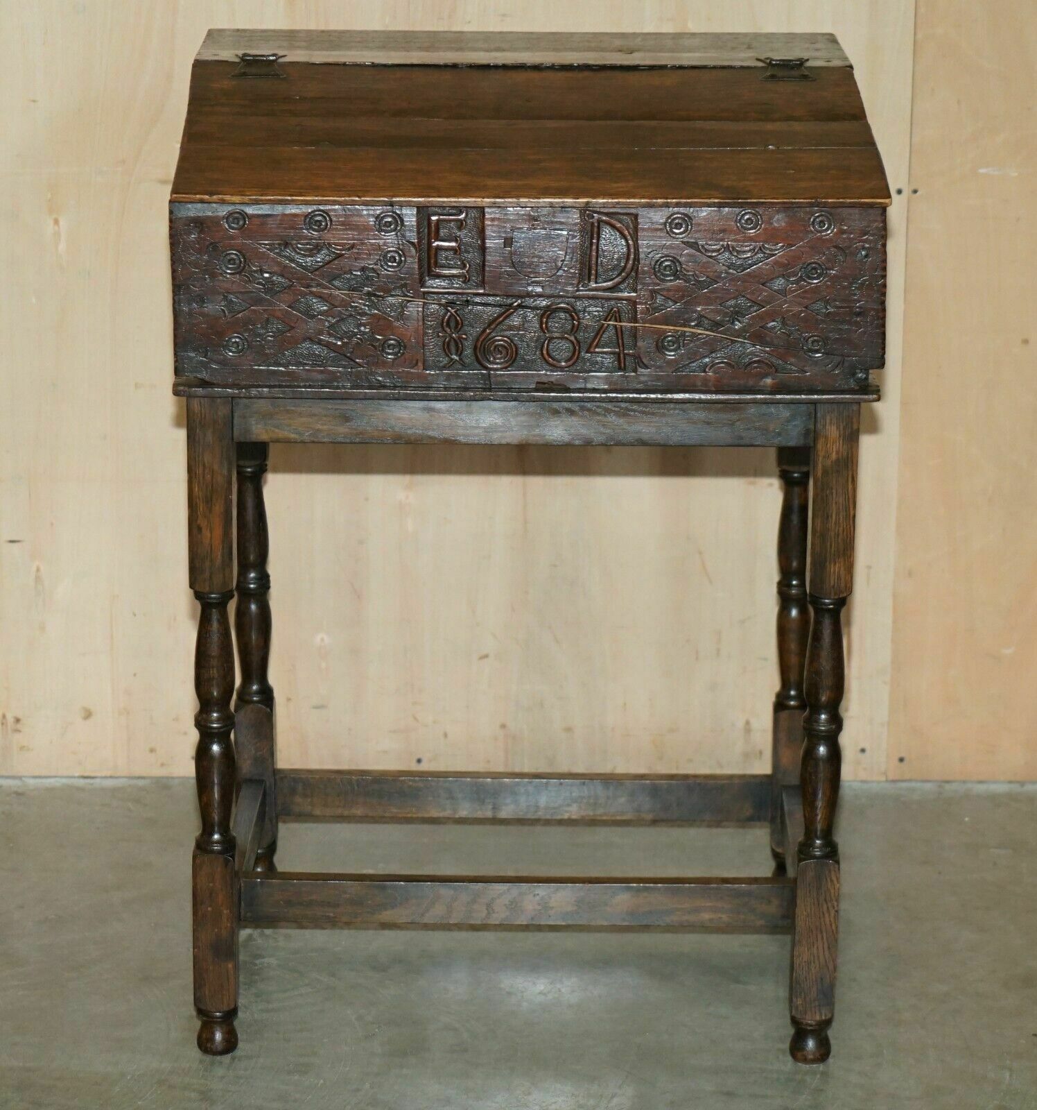 Antique 1684 Dated Hand Carved 17th Century Lift Top Writing Table Desk Bible photo for sale