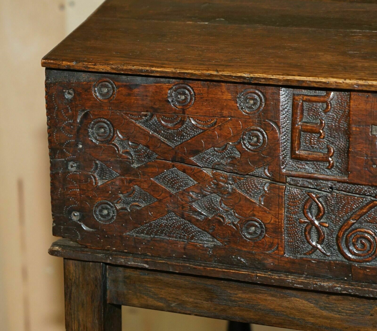 Antique 1684 Dated Hand Carved 17th Century Lift Top Writing Table Desk Bible photo vinterior