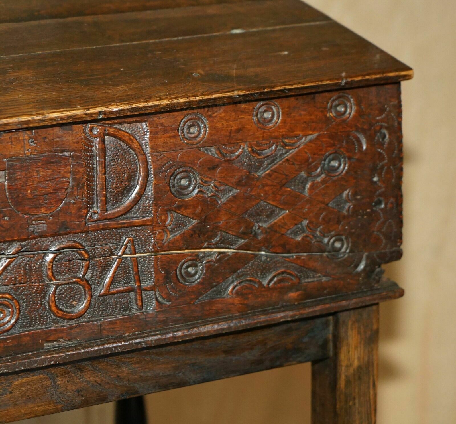 Antique 1684 Dated Hand Carved 17th Century Lift Top Writing Table Desk Bible photo buy