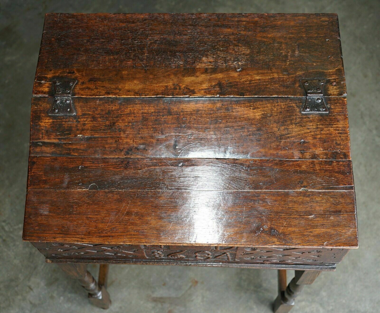 Antique 1684 Dated Hand Carved 17th Century Lift Top Writing Table Desk Bible photo vintage