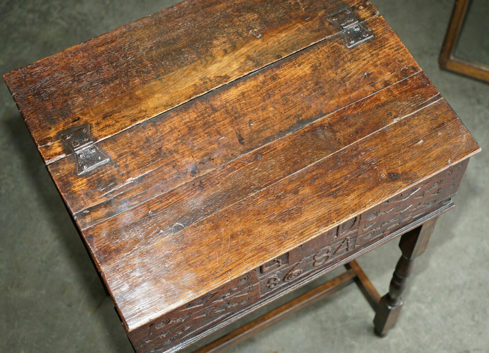 photo furniture Antique 1684 Dated Hand Carved 17th Century Lift Top Writing Table Desk Bible