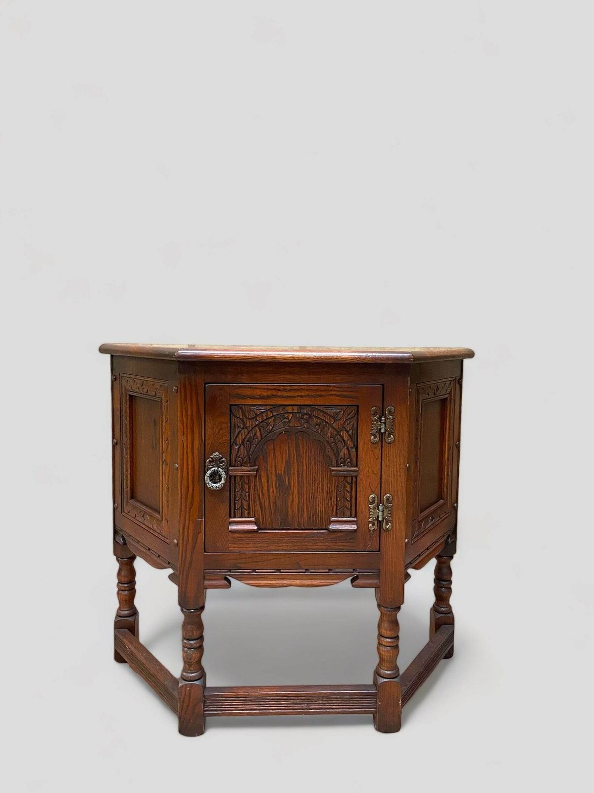 Vintage Old Charm Wood Brothers Side Cabinet / Carved Oak Canted Credence / Tudor Brown 1970s / Free Delivery